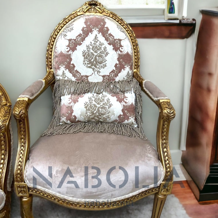 ميني صالون انتيك - ميني صالون مكون من كنبة واتنين فوتيه وترابيزة مصنع من خشب الزان الاحمر و الدهان دهب متأكسد