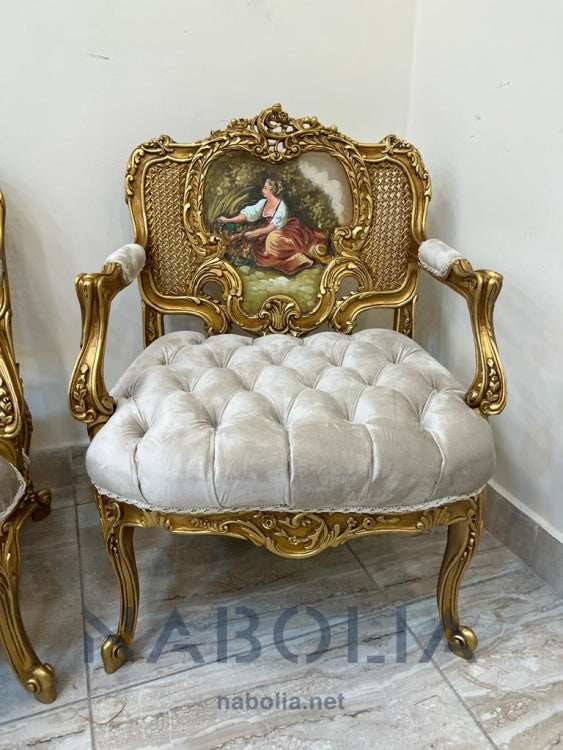 ميني صالون رسم طبيعي - ميني صالون موناليزاميني صالون مصنع من أفضل أنواع الأخشاب الطبيعيه خشب الزان الاحمر الروماني المجفف والاسفنج عالي الكثافه مكون منكنبه واتنين فوتيه وترابيزهالدهان دهب مترب القماش قطيفه ساده كابتونيه ورسم زيت طبيعي كانيه طبيعي