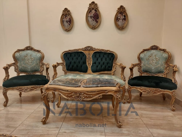 ميني صالون روز جرين - ميني صالون روز جرين مكون من كنبة واتنين فوتيه وترابيزة مصنع من خشب الزان الاحمر و الدهان دهب متأكسد و القماش قطيفة سادة في شانليا
