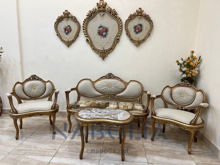 ميني صالون تمارا - ميني صالون تماراميني صالون مصنع من أفضل أنواع الأخشاب الطبيعيه خشب الزان الاحمر الروماني المجفف والاسفنج عالي الكثافه مكون منكنبه واتنين فوتيه وترابيزهالدهان دهب مترب
