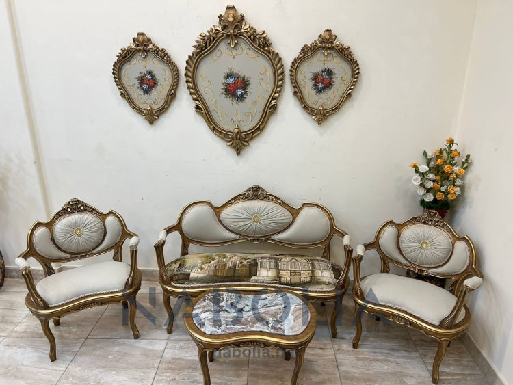 ميني صالون تمارا - ميني صالون تماراميني صالون مصنع من أفضل أنواع الأخشاب الطبيعيه خشب الزان الاحمر الروماني المجفف والاسفنج عالي الكثافه مكون منكنبه واتنين فوتيه وترابيزهالدهان دهب مترب