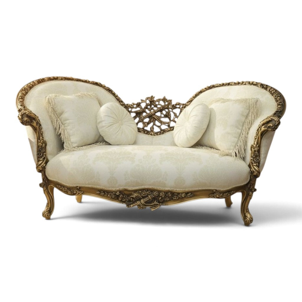 Nabolia antique luxury sofa with cream fabric, ornate gold carved wood frame, and elegant curved back design.