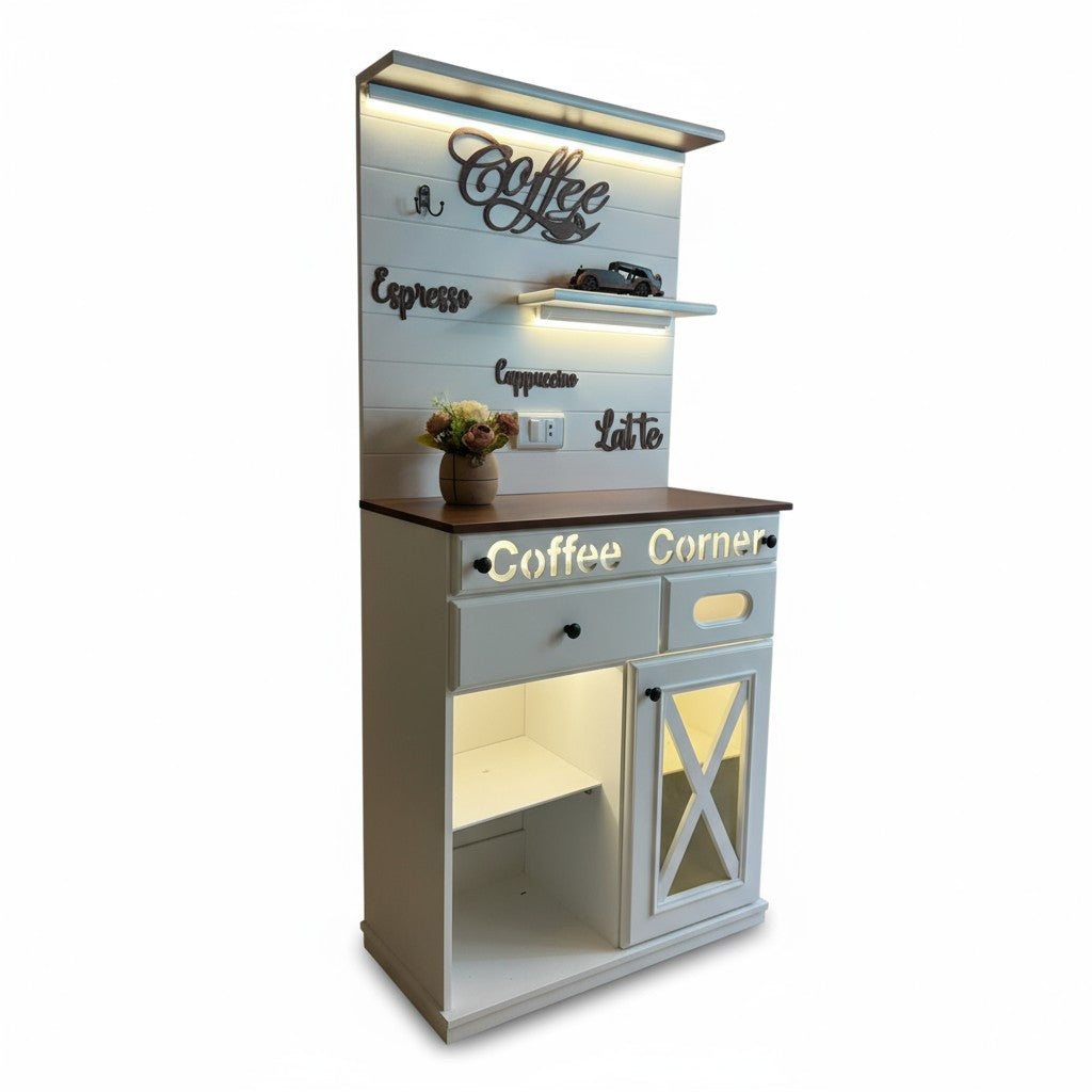 وحدة قهوة مع أرفف وإضاءة