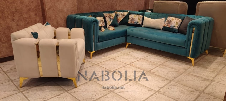 ركنة و فوتيه - ركنة مع فوتيه مصنعين من خشب الزان و بهم تطعيمات من الاستانلس والتنجيد بقماش هايبر مع وجود كوشن متعددة الركنة مقاسها 160 * 200 سنتميتر