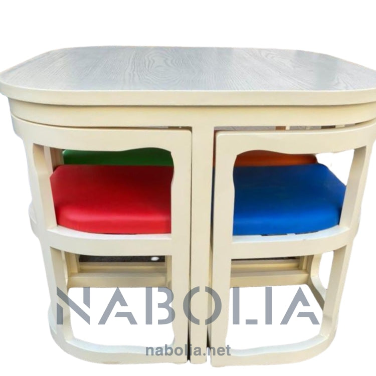 سفرة بكراسي متداخلة - سفره بكراسي متداخلة سفره واربع كراسي مصنعه من الخشب الزان الروماني والقشره الارو الطبيعيتصلح للمساحات الصغيرة وداخل المطبخ مقاس 1متر * 1متر المقاسات: W 100 CM * L 100 CM