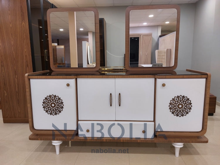 سفرة مودرن اوف وايت في بني - سفرة مودرن مصنعة من أجود انواع الاخشاب الطبيعية خشب زان و قشرة طبيعي ودهان لاكيه اوف وايت في بني والكراسي تنجيد كابتونيه قماش جلد مقلوب السفرة مكونة من : بوفيه 200 CM نيش 150 ترابيزة 100 * 200 ستة كراسي