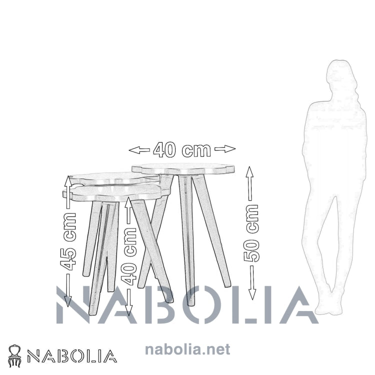 طقم ترابيزات ثلاثي مودرن – تصميم متداخل بشكل زهري - طقم ترابيزات بتصميم عصري وأنيق، مكوّن من ثلاث قطع بأحجام مختلفة تتداخل بشكل عملي. القرصة على شكل زهرة ناعمة تضيف لمسة فنية للمكان، مع أرجل خشبية تمنح الطقم ثبات ومتانة مناسب كترابيزات قهوة أو جانبية، وبيتماشى بسهولة مع أي ديكور مودرن أو بوهيمي الخاماتالقرصة: MDF بجودة عاليةالأرجل: خشب زان طبيعي المقاساتالعرض: 40 CMالارتفاع: 50 CM