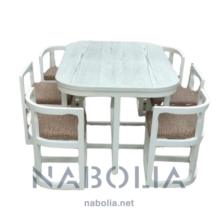 ترابيزة سفرة و كراسي متداخلة - ترابيزه سفره وكراسي متداخله ترابيزه سفره للمساحات الصغيرة عمليه جدا في الاستخدام مصنوعه من الخشب الزان الروماني والقشره الارو الطبيعيدهان ماسيف كافيه* المقاسات: W 150 CM * H 85 CM * B 100 CM