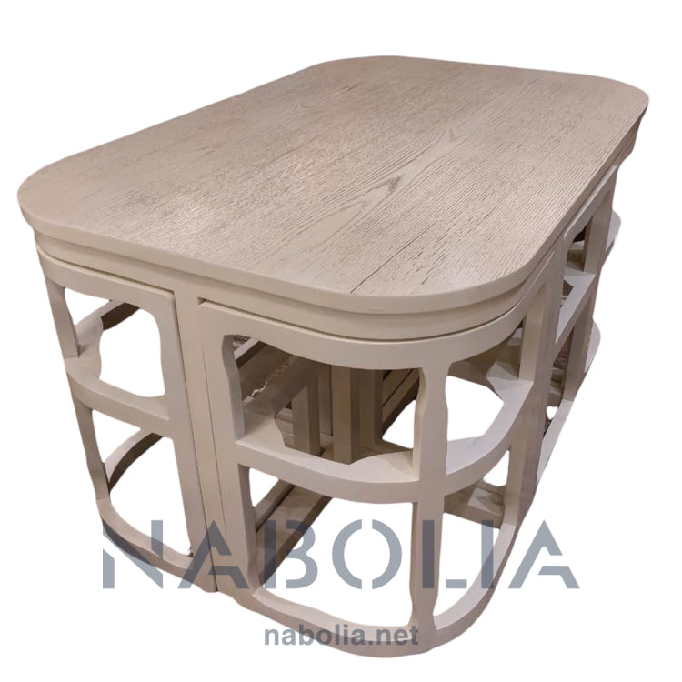 ترابيزة سفرة و كراسي متداخلة - ترابيزه سفره وكراسي متداخله ترابيزه سفره للمساحات الصغيرة عمليه جدا في الاستخدام مصنوعه من الخشب الزان الروماني والقشره الارو الطبيعيدهان ماسيف كافيه* المقاسات: W 150 CM * H 85 CM * B 100 CM