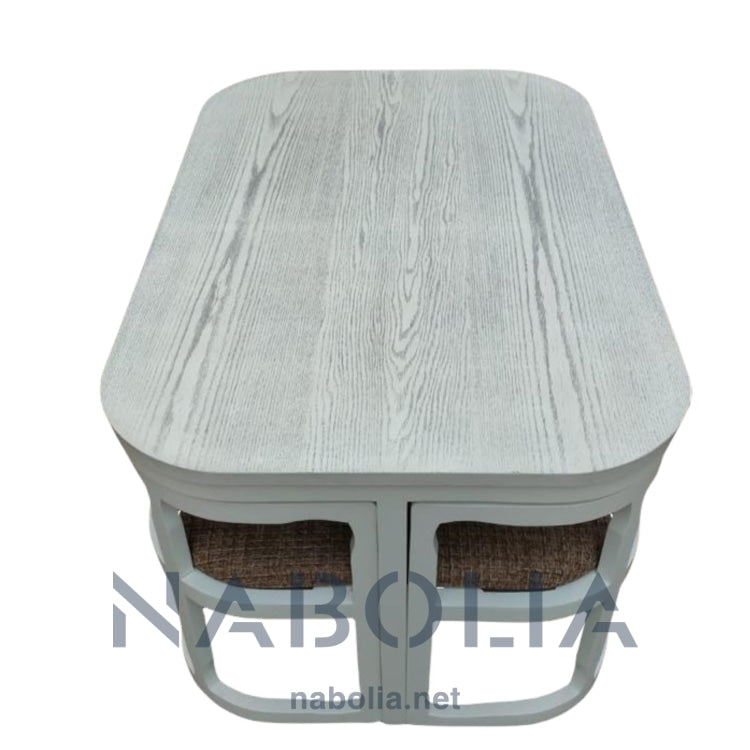 ترابيزة سفرة و كراسي متداخلة - ترابيزه سفره وكراسي متداخله ترابيزه سفره للمساحات الصغيرة عمليه جدا في الاستخدام مصنوعه من الخشب الزان الروماني والقشره الارو الطبيعيدهان ماسيف كافيه* المقاسات: W 150 CM * H 85 CM * B 100 CM