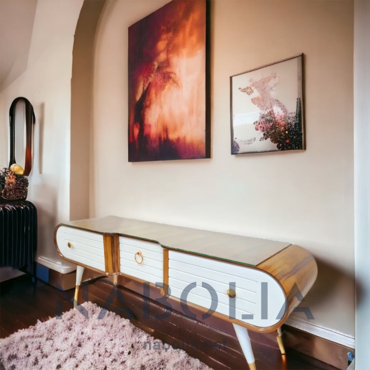 ترابيزة تلفزيون اوف وايت - وحدة تلفزيون من الخشب الطبيعي والقشرة الطبيعي وام دي اف اسباني تلاتة درج متاح ألوان المقاسات: W 160 CM * B 45 CM *H 55 CM