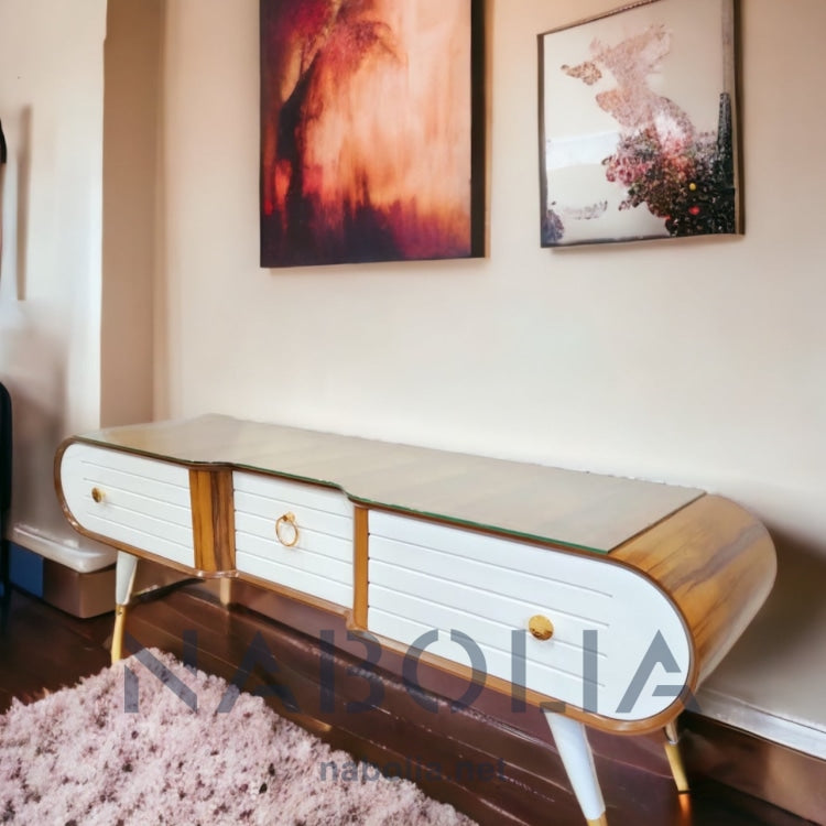 ترابيزة تلفزيون اوف وايت - وحدة تلفزيون من الخشب الطبيعي والقشرة الطبيعي وام دي اف اسباني تلاتة درج متاح ألوان المقاسات: W 160 CM * B 45 CM *H 55 CM