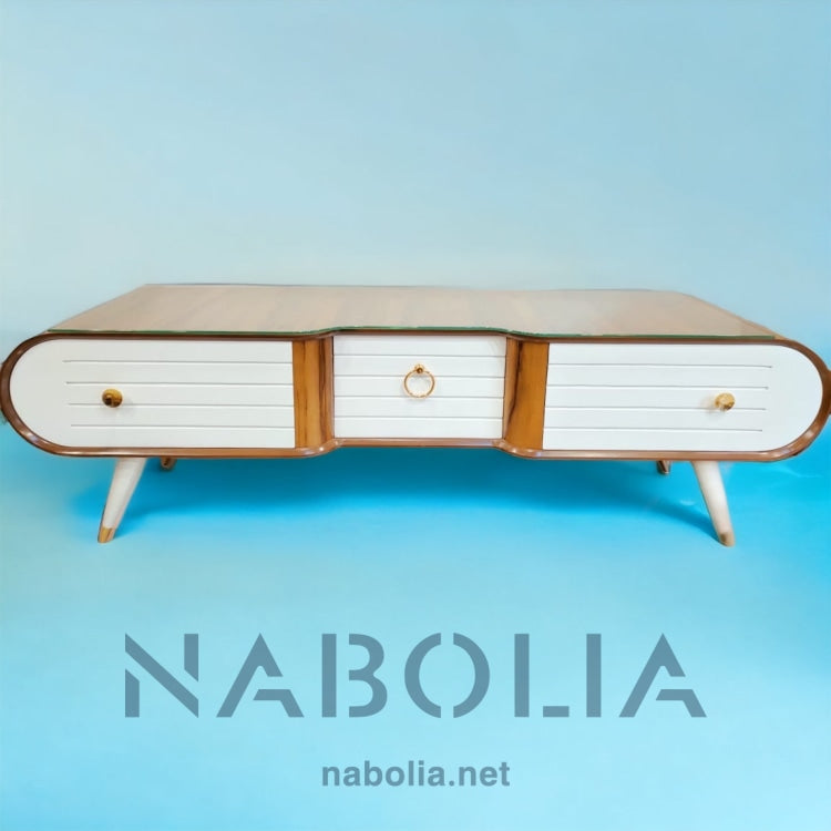 ترابيزة تلفزيون اوف وايت - وحدة تلفزيون من الخشب الطبيعي والقشرة الطبيعي وام دي اف اسباني تلاتة درج متاح ألوان المقاسات: W 160 CM * B 45 CM *H 55 CM