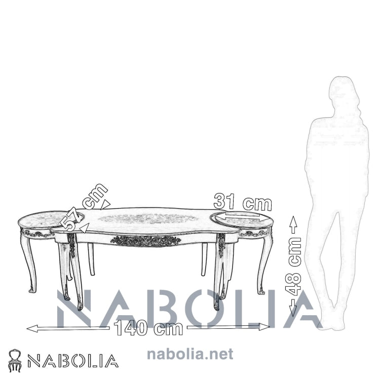 ترابيزة وسط كلاسيك مطعمة بالمارتكريه والنحاس - ترابيزة مميزة بتصميم أنيق مستوحى من الطراز الفرنسي الكلاسيكي، مصنوعة من خشب الزان الصلب ومغطاة بقشرة طبيعية غنية برسومات مارتكريه مشغولة يدويًا. مزينة بتطعيمات نحاسية تضيف لمسة من الفخامة والرقي، مناسبة لغرف الاستقبال أو الصالونات الفاخرة الخاماتالهيكل: خشب زان طبيعيالتشطيب: قشرة طبيعية برسومات مارتكريهالزينة: تطعيمات نحاسية مشغولة يدويًا المقاساتالعرض: 140 سمالارتفاع: 48 سمالعمق: 57 سم