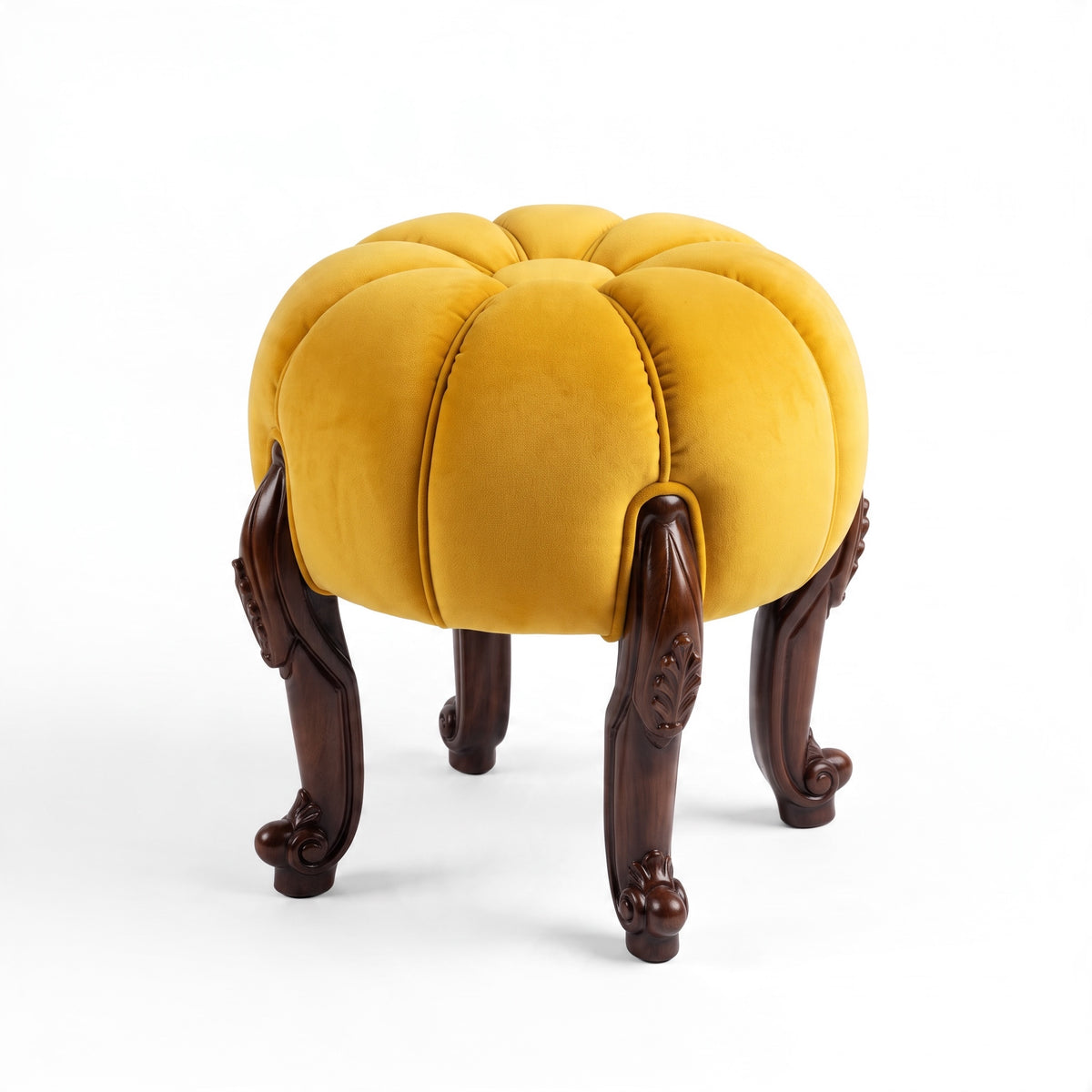 Classic round puff with hand-carved wooden base