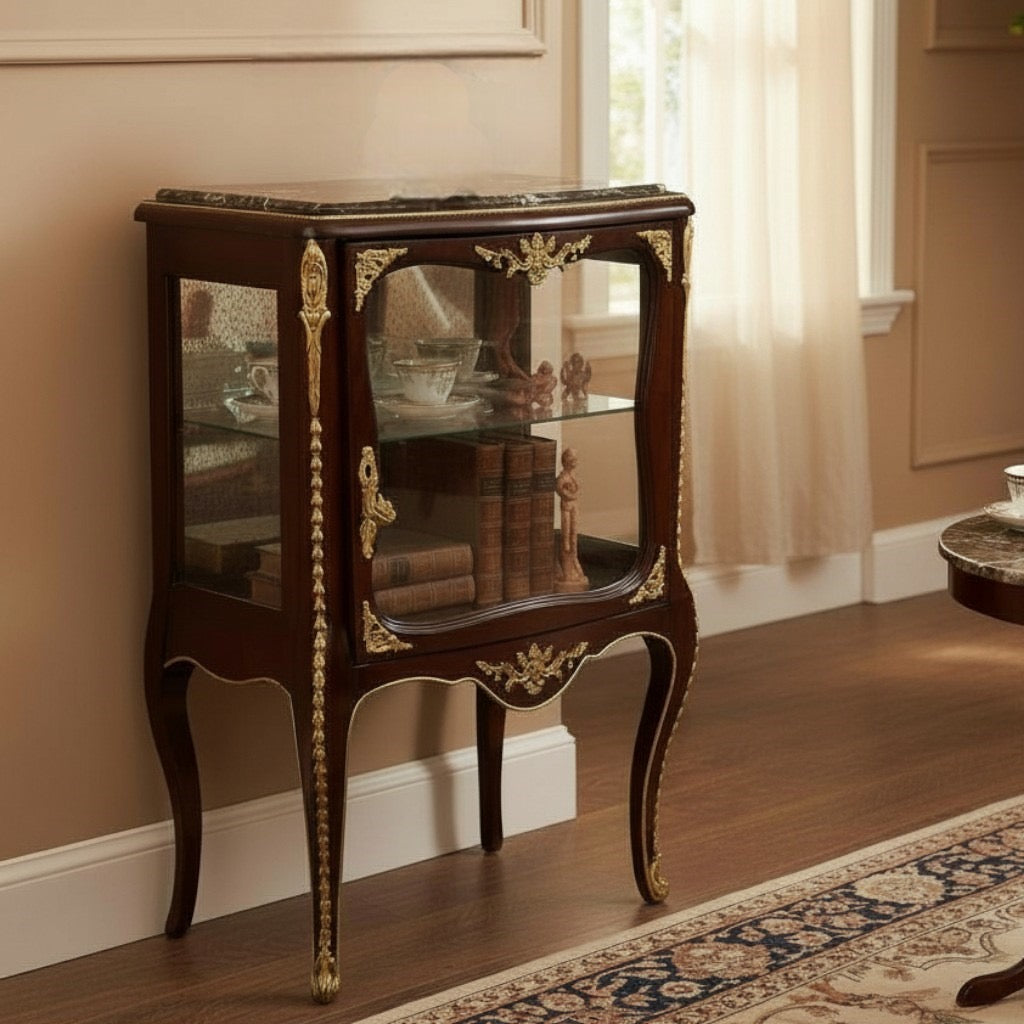 فاترينة أنتيك خشب زان مطعمة بالنحاس مع رخامة إمبرادور