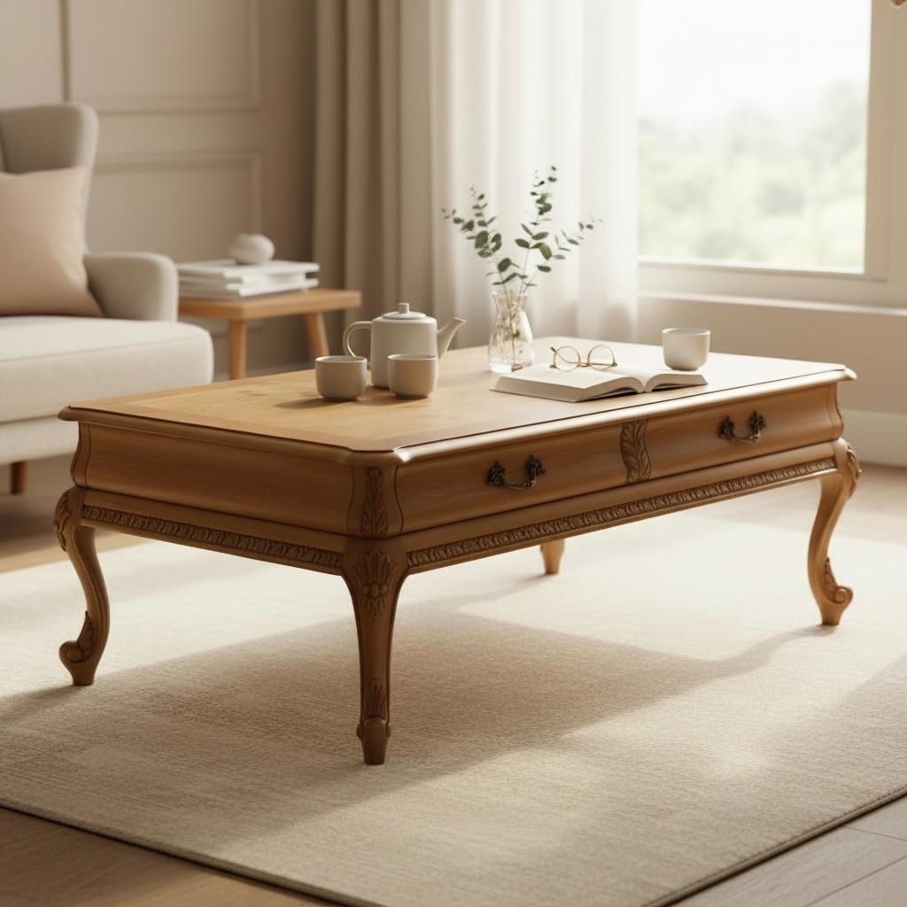 طاولة قهوة كلاسيك خشب طبيعي بتصميم أنيق وتفاصيل منحوتة