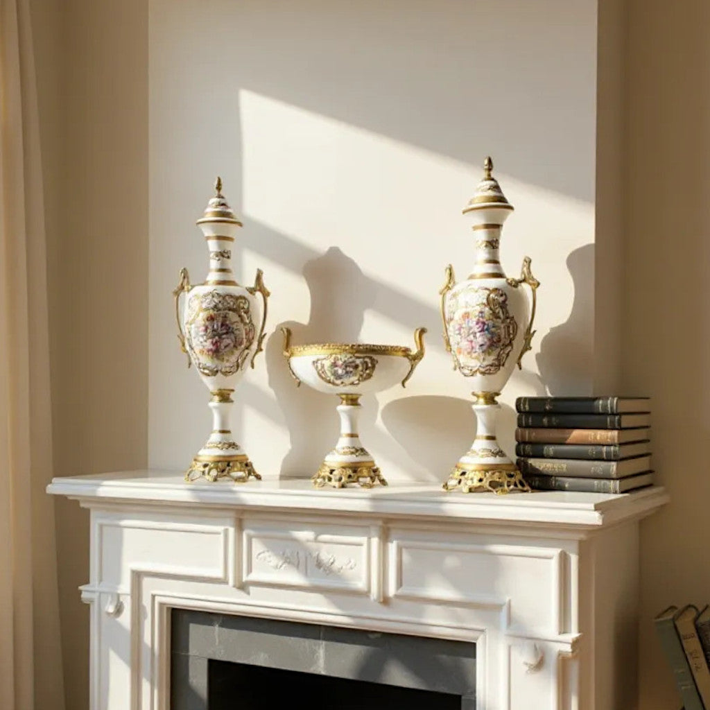 Luxury decorative set of porcelain and gold-plated copper