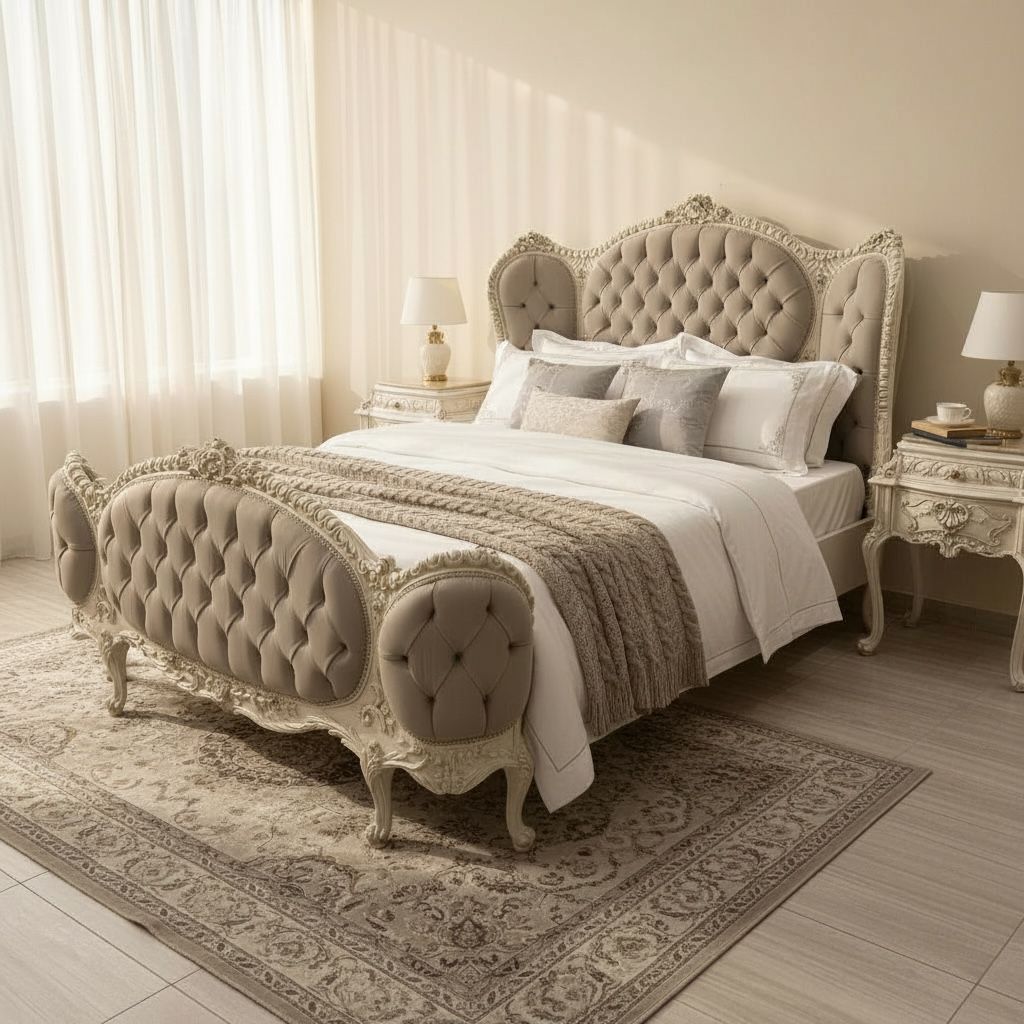 غرفة نوم كلاسيكية ملكية بتفاصيل مزخرفة وتنجيد فاخر