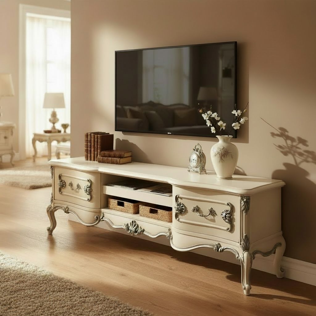 وحدة تلفزيون كلاسيكية خشب دهان أبيض