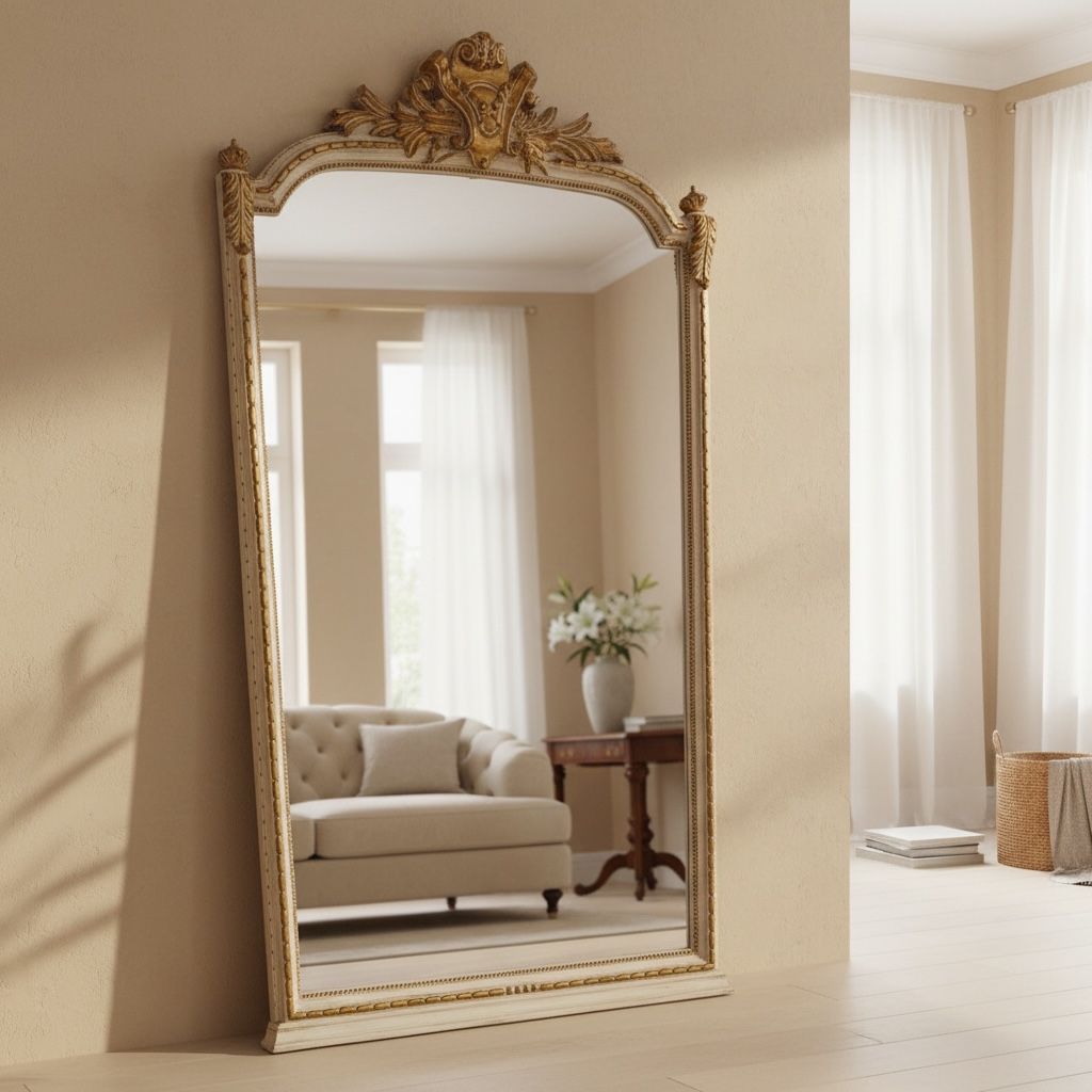 مرآة أرضية كلاسيك بإطار أنيق مزخرف مستوحى من الطراز الفرنسي