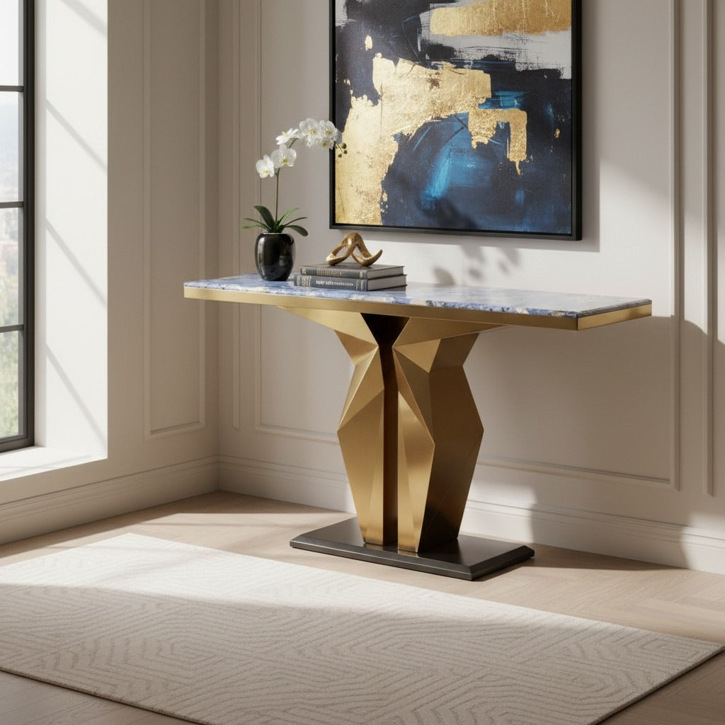 كونسول مودرن فاخر بقاعدة هندسية ذهبية وسطح رخامي أنيق - Nabolia