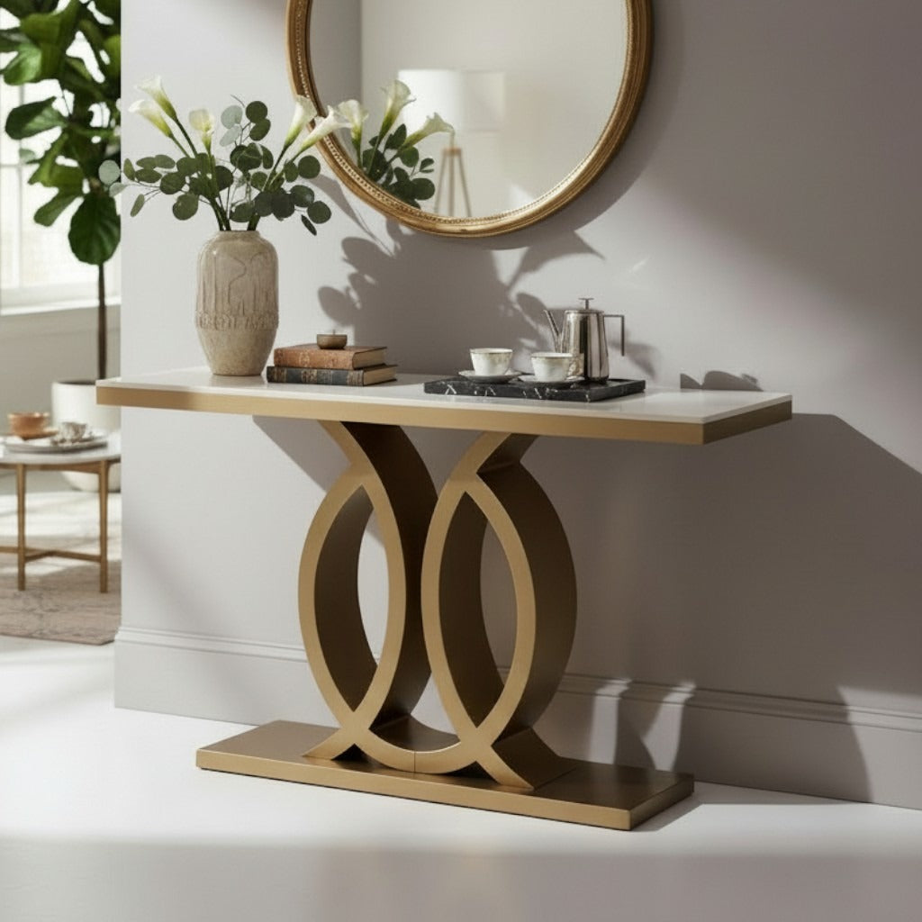 كونسول مدخل مودرن بقاعدة حلقات ذهبية مزدوجة وسطح أبيض