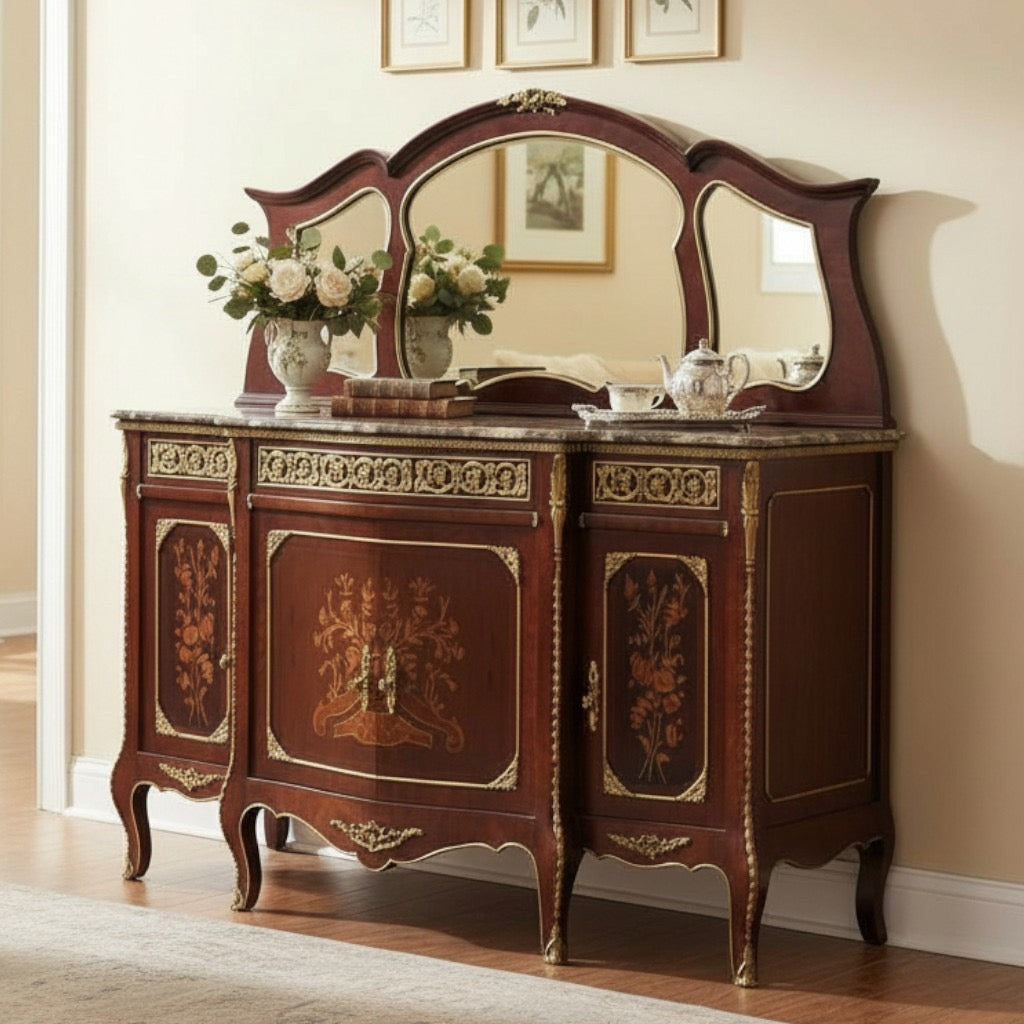 بوفيه بايوه فاخر بثلاثة أدراج وأربع ضلف ورخام إمبرادور غامق