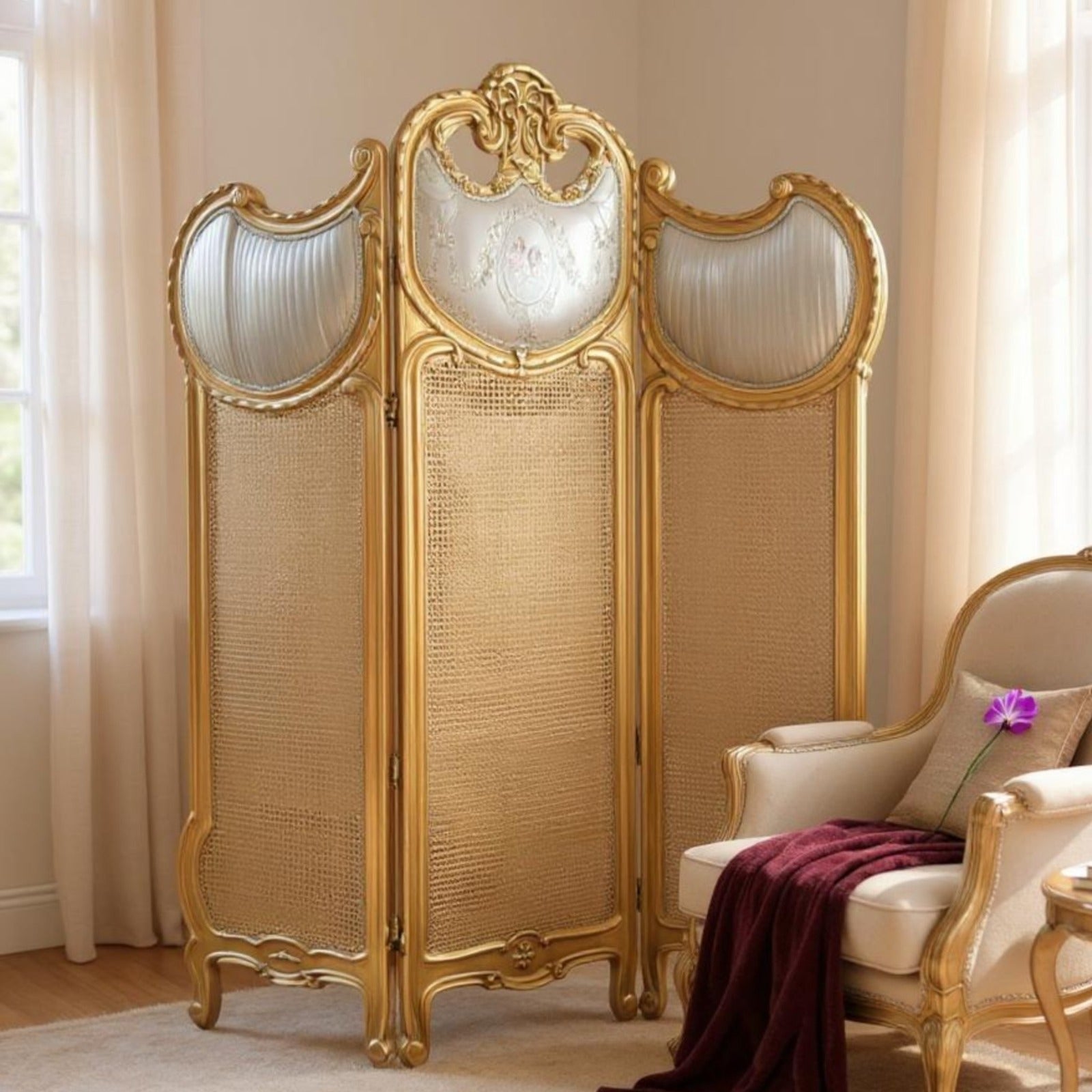 French golden paravan with natural upholstery and cane