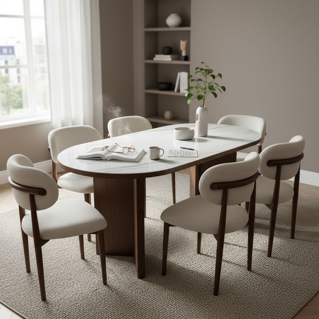 سفرة مودرن بسطح أبيض مع كراسي تنجيد أنيقة