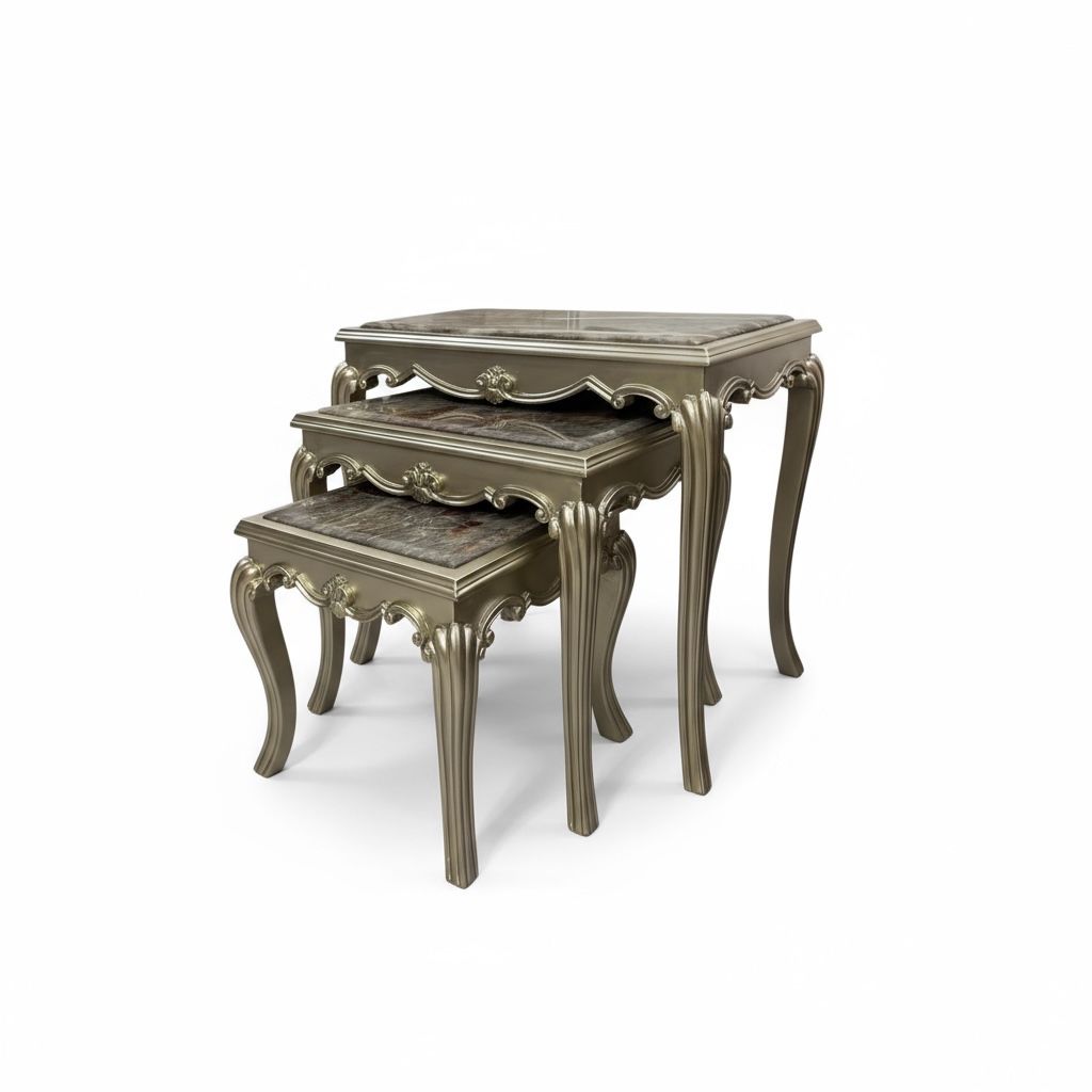 طقم ترابيزات أنتيك من خشب الزان والرخام الطبيعي – تشطيب شامبين فضي فاخر