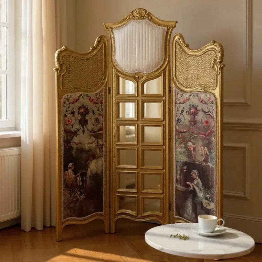 French paravan, golden print, inlaid with mirrors and cane