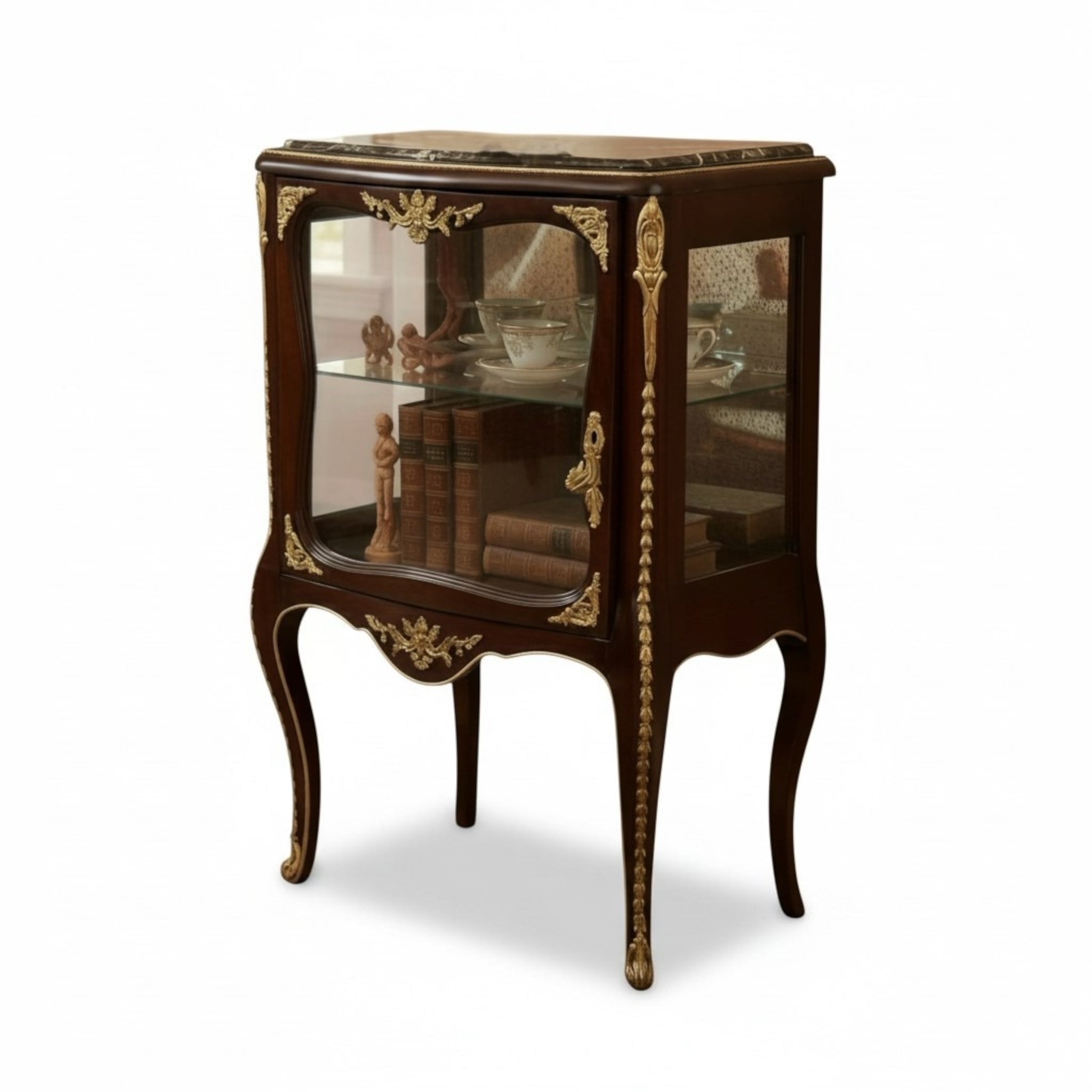 فاترينة أنتيك خشب زان مطعمة بالنحاس مع رخامة إمبرادور