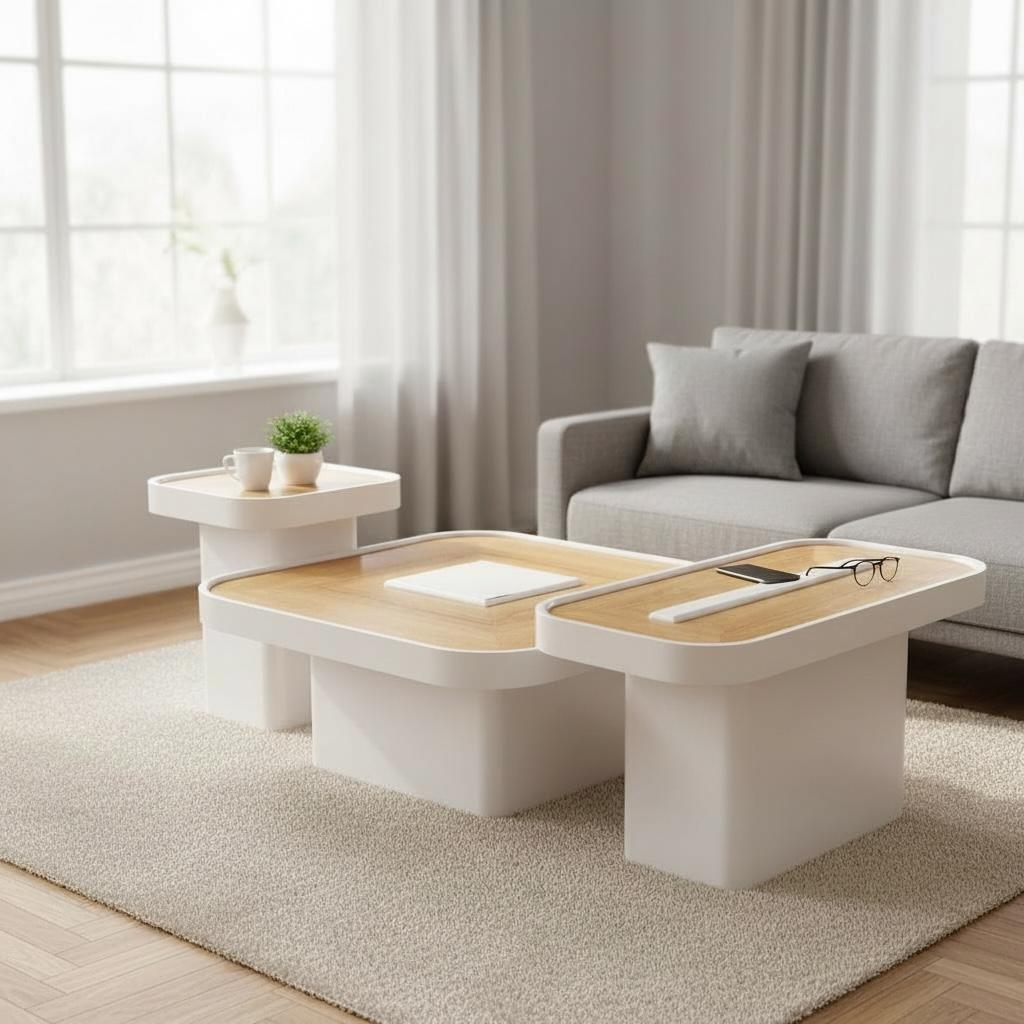 طقم ترابيزات مودرن ٣ قطع بتصميم خشابي وإطار أبيض