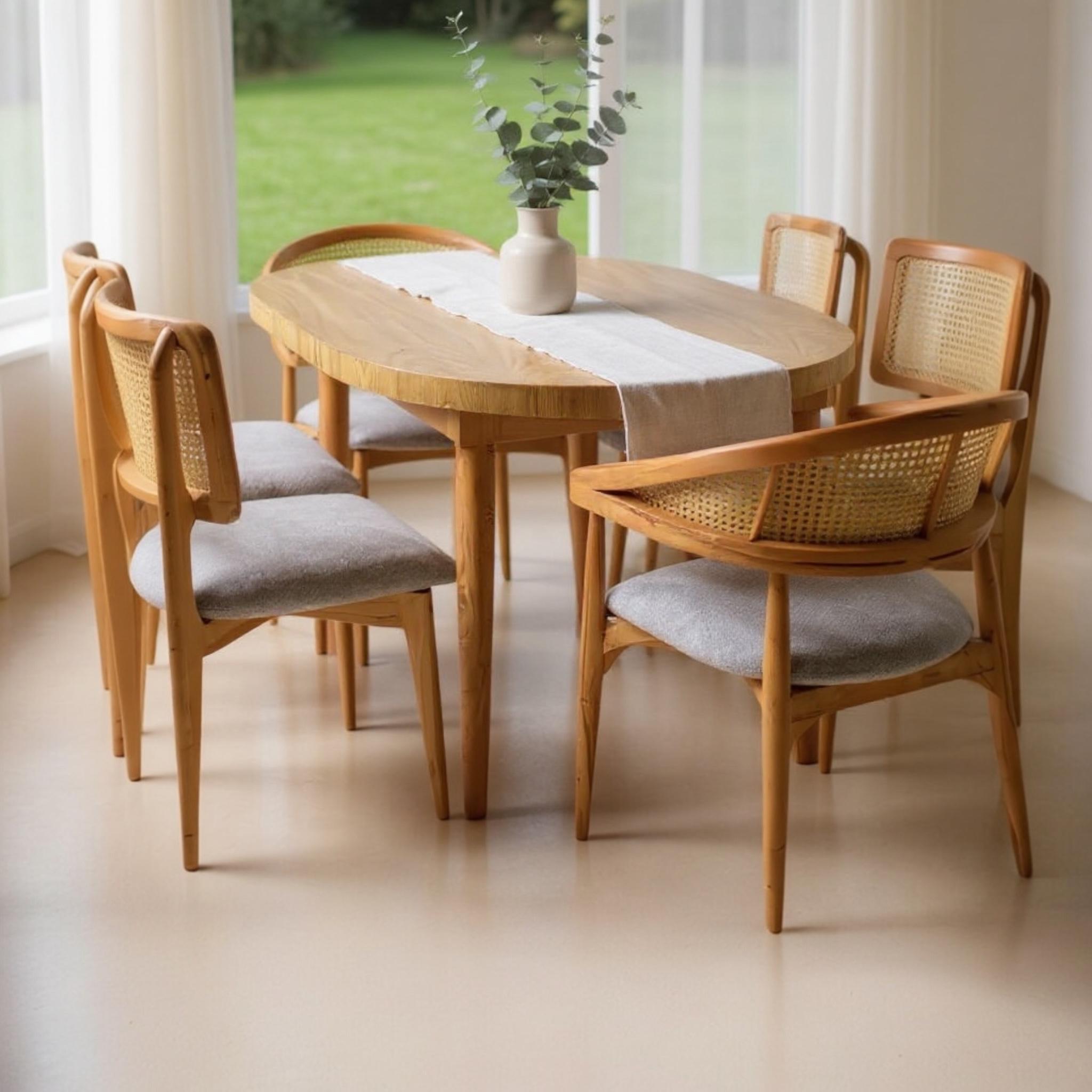 Dining table and six chairs inlaid with cane 