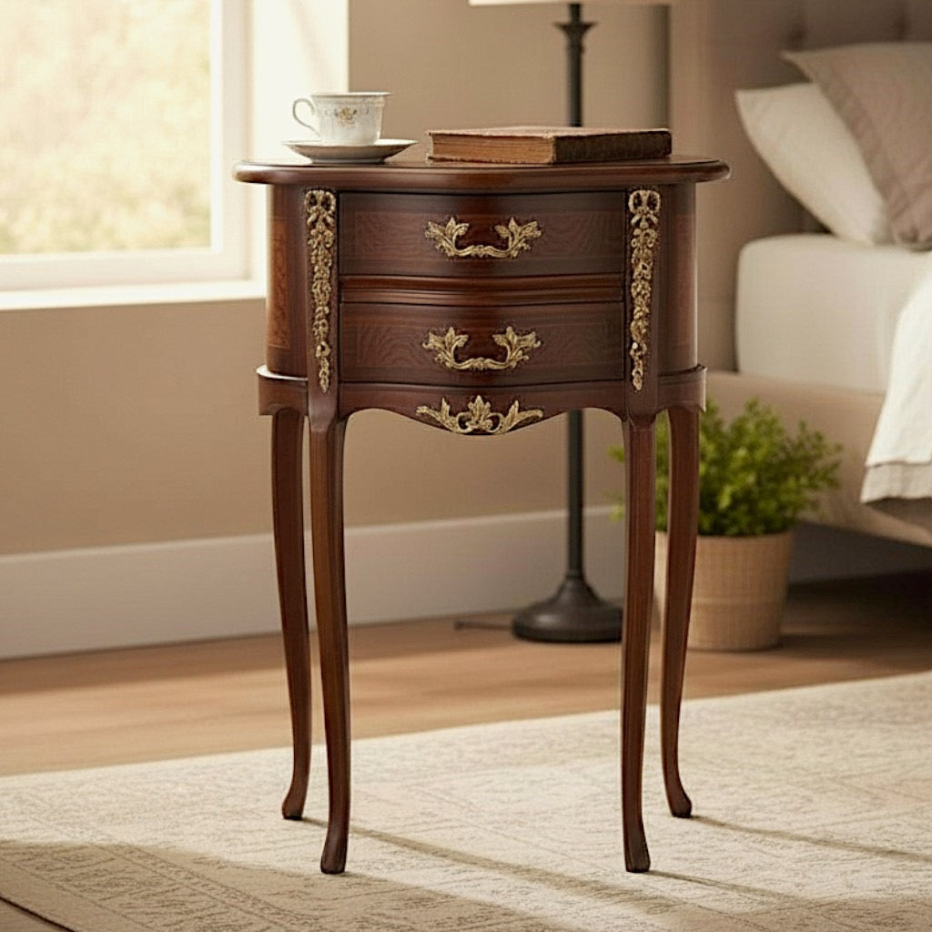 كومود فرنسي بتطعيم نحاس –2 أدراج بتصميم كلاسيكي فاخر