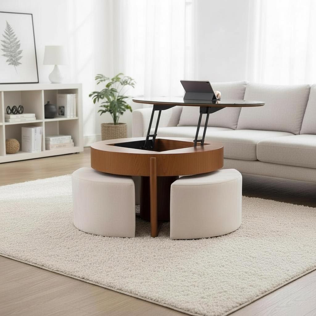 ترابيزة دائرية برافعة مع ٣ بف تنجيد – خشب زان أحمر