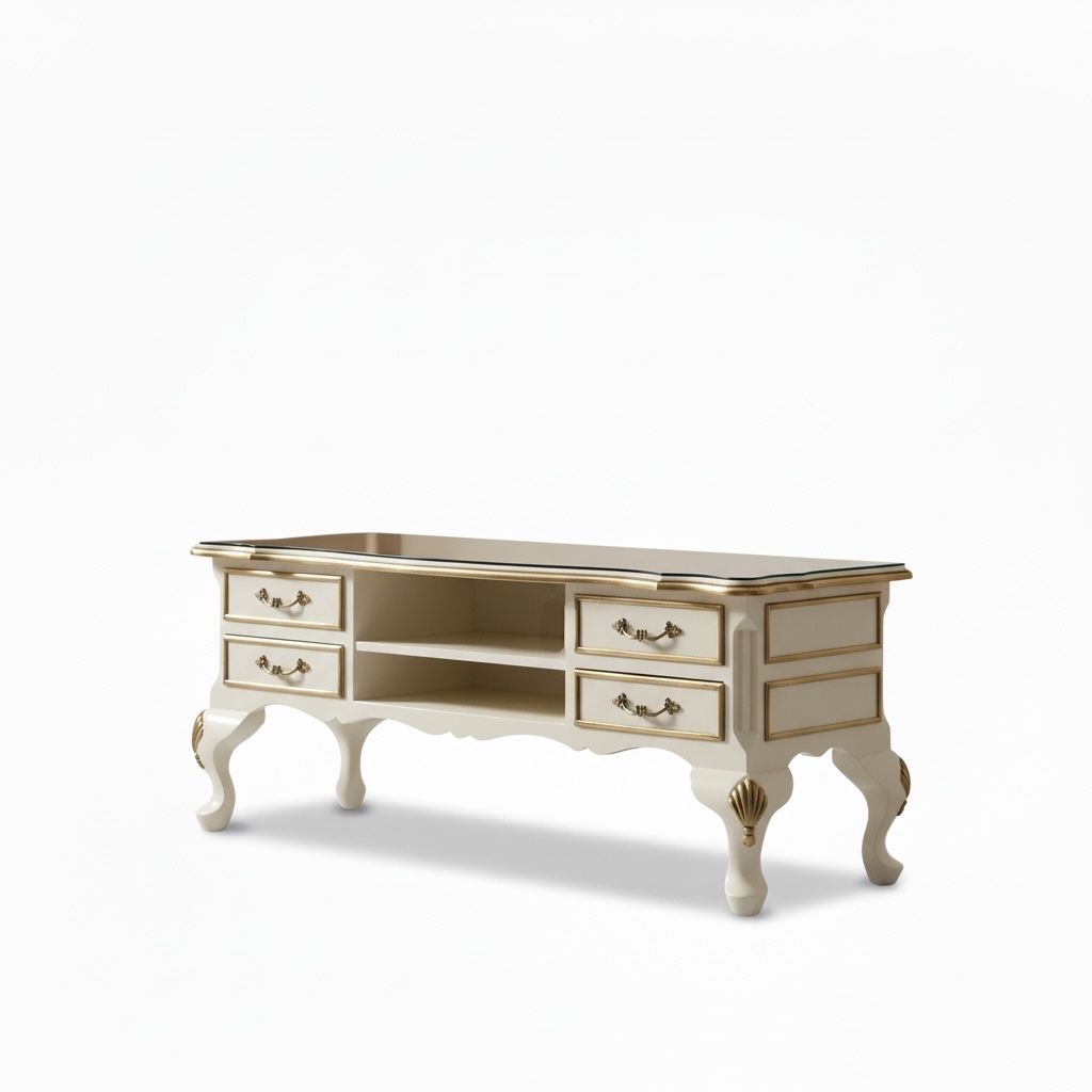 وحدة تلفزيون كلاسيك خشب طبيعي دهان أبيض