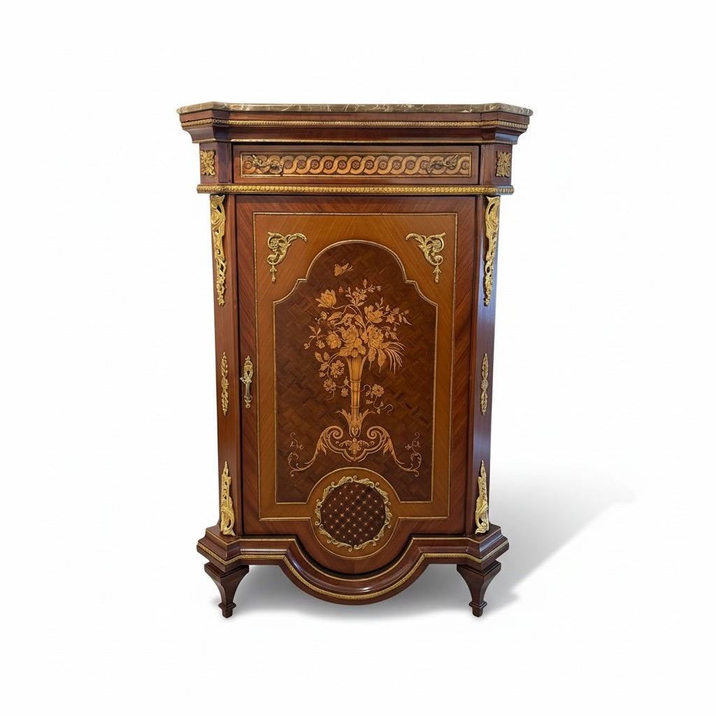 جزامة أنتيك خشب زان مطعمة بالنحاس بسطح رخامي