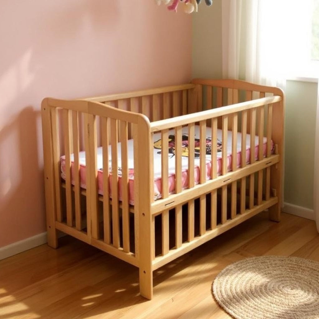 Wood-colored foldable baby bed