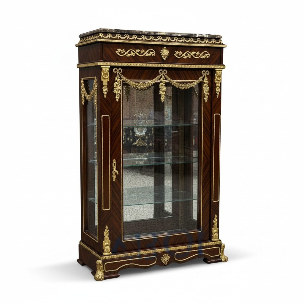 فاترينة أنتيك مستطيلة مطعمة بالنحاس والرخام الإمبرادور