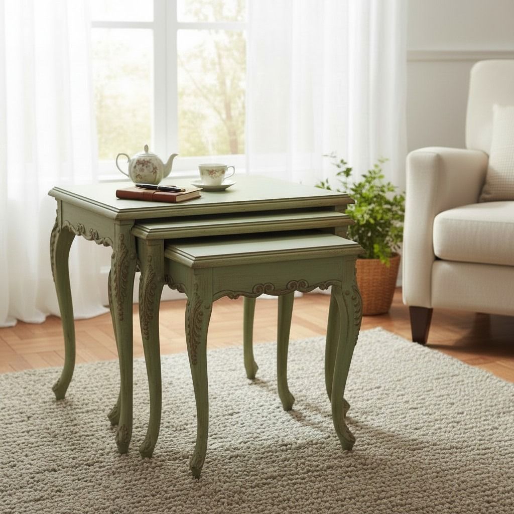 طقم ترابيزات متداخلة كلاسيك خشب طبيعي بتشطيب أنتيك مميز