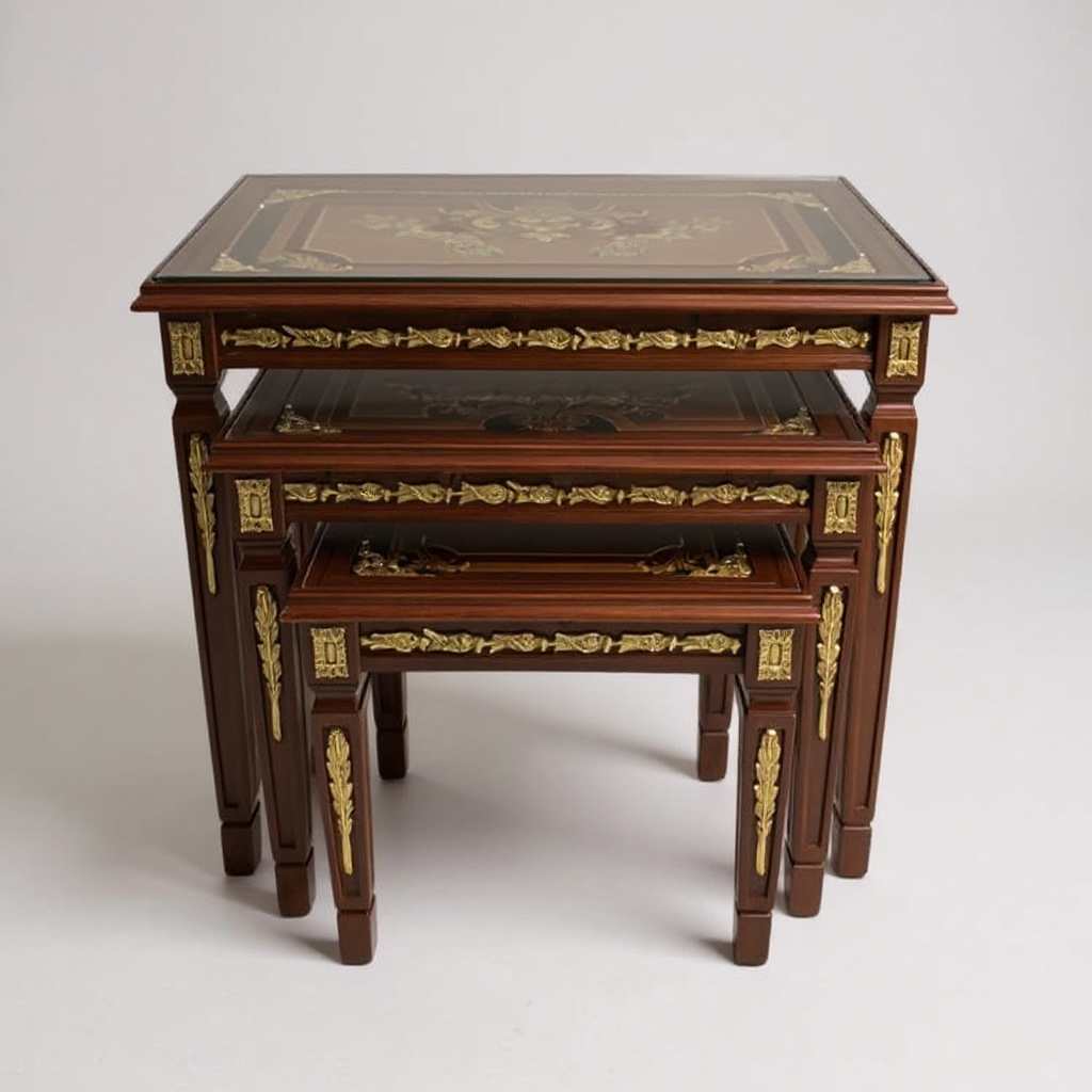 طقم ترابيزات ثلاثي متداخل مطعم بالنحاس والمارتكريه