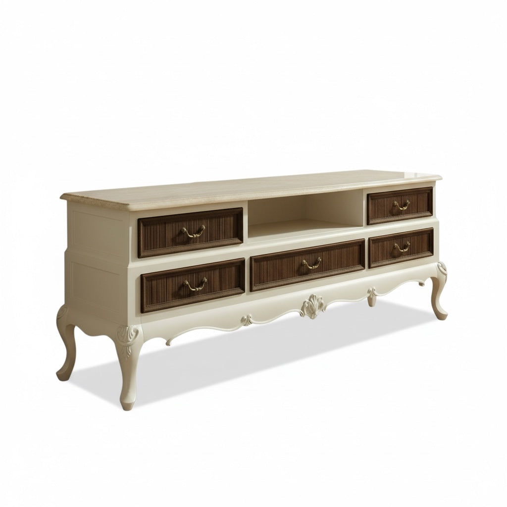 وحدة تلفزيون خشب زان بتصميم كلاسيكي فاخر بتداخل اللون البني مع الاوف وايت