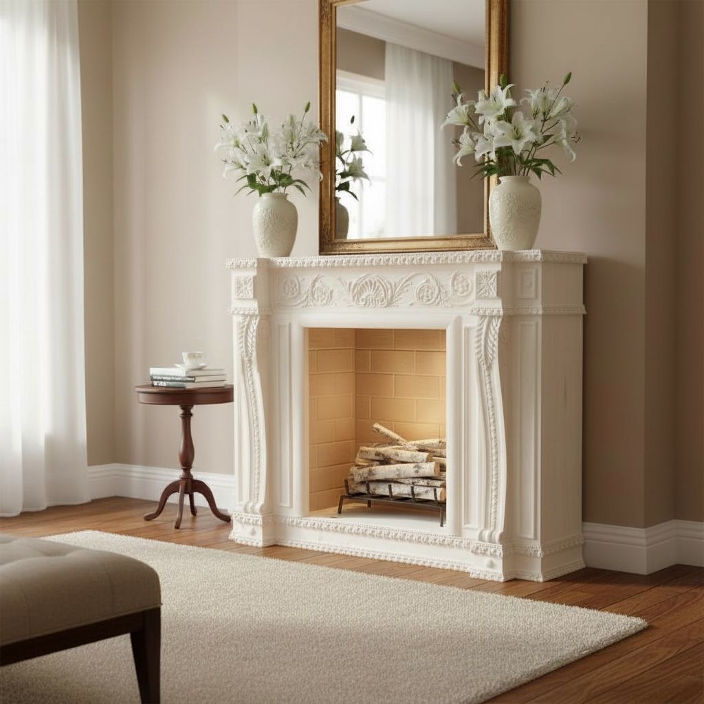 مدفأة كلاسيك أنيقة بحفر يدوي وتصميم فرنسي