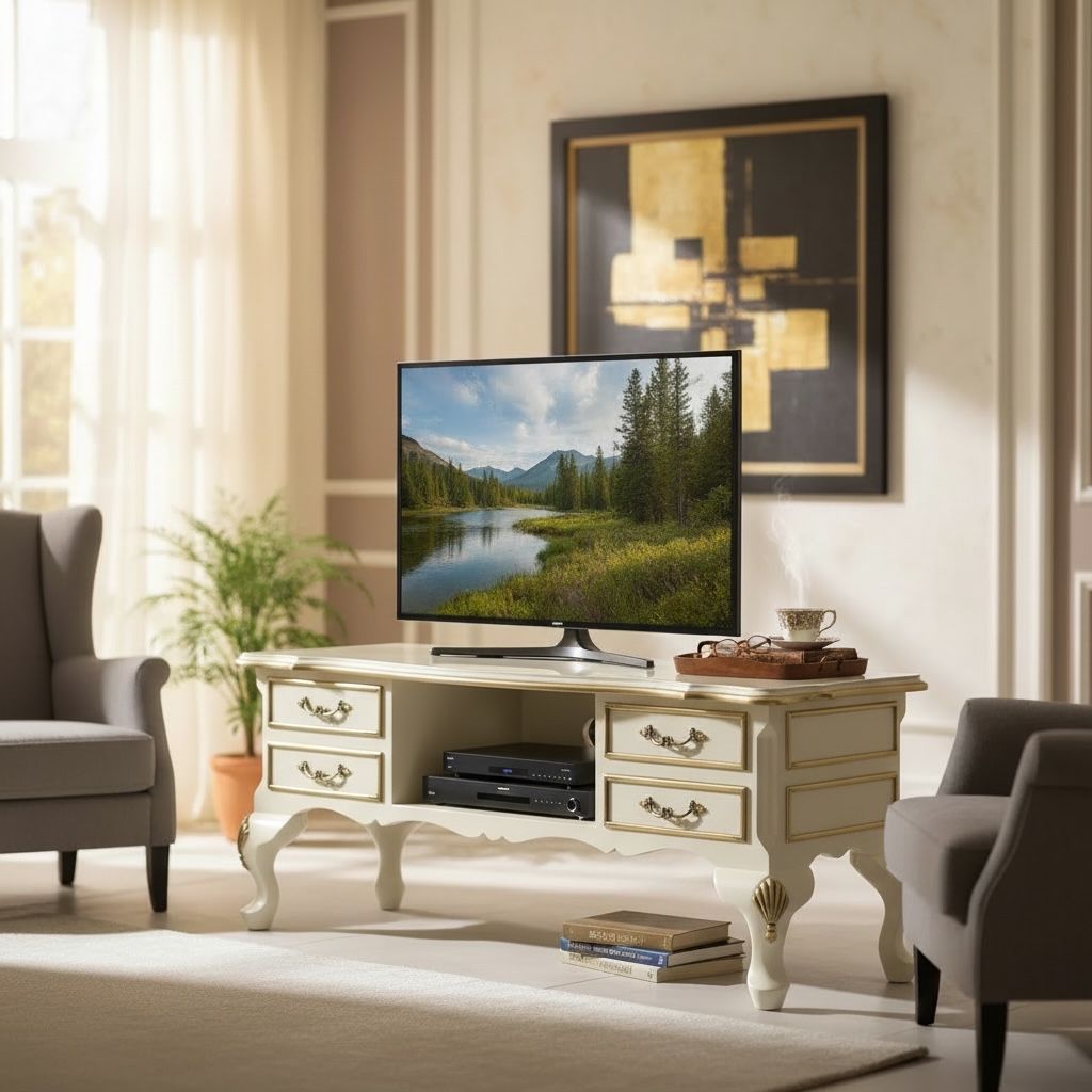 وحدة تلفزيون كلاسيك خشب طبيعي دهان أبيض