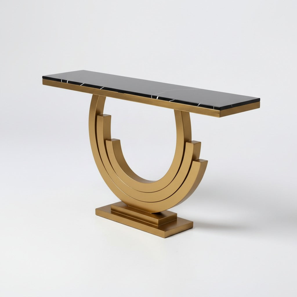 كونسول مدخل مودرن بقاعدة معدنية ذهبية وسطح أسود رخامي