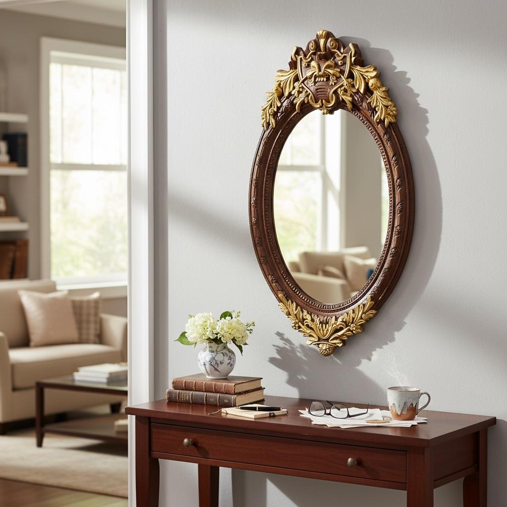 مرآة حائط كلاسيك بيضاوية بإطار مزخرف فخم لون بني وذهبي