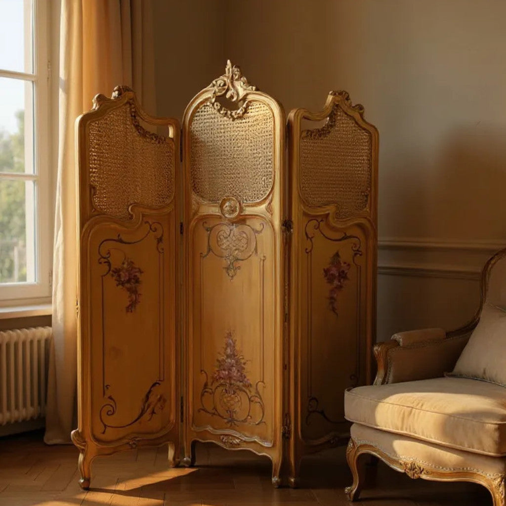 Classic French paravan with hand-drawn detailing and gold decorations ...