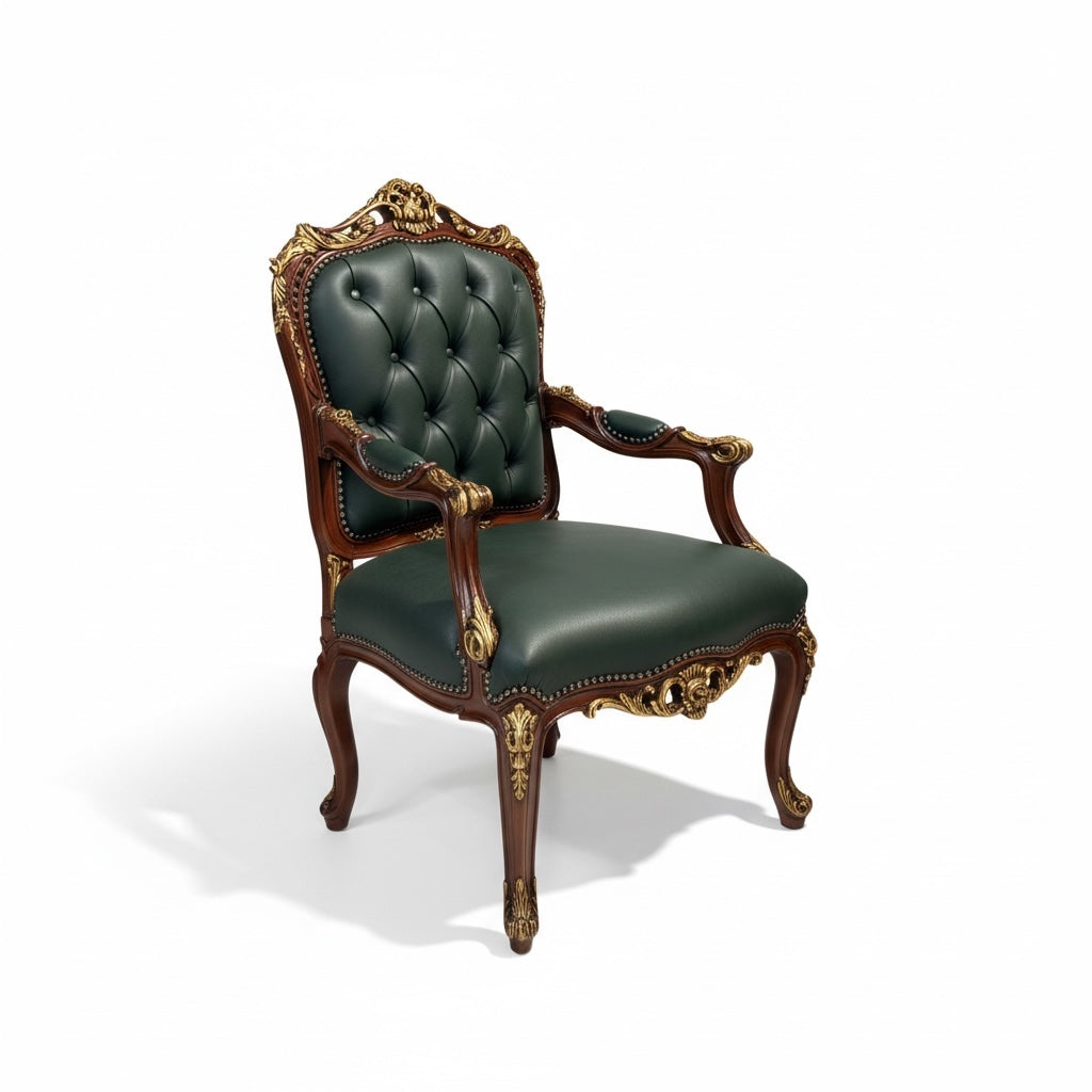 كرسي كلاسيك فاخر من الخشب الزان بجلد إيطالي أخضر